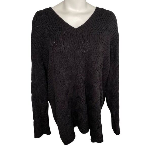 Calvin Klein Cable Knit Sweater‎ Women's 2X Black Plus Size V-Neck Soft NEW - Picture 1 of 7